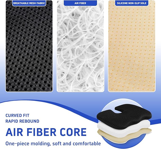 Air Fiber Seat Cushion for Office Chair, Breathable U-Shape Tailbone Relief Cushion for Desk Chair, Washable Ergonomic Chair Pad for Driving & Gaming, Cooling Mesh Back Support(Black, 15.7″*19.7″)