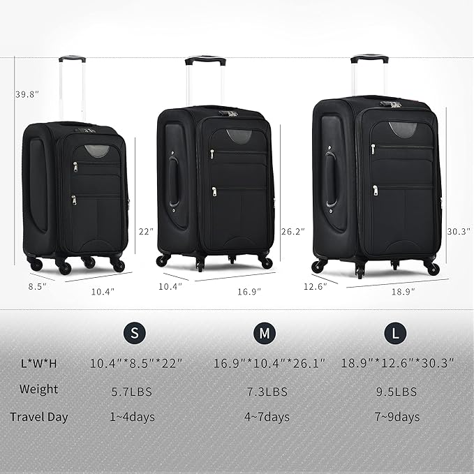 Merax Softside Luggage Set, Travel Suitcase Expandable Lightweight, 3 Piece Luggage Sets with Spinner Wheels 22" 26" 30" Suitcase with TSA Lock (Black)