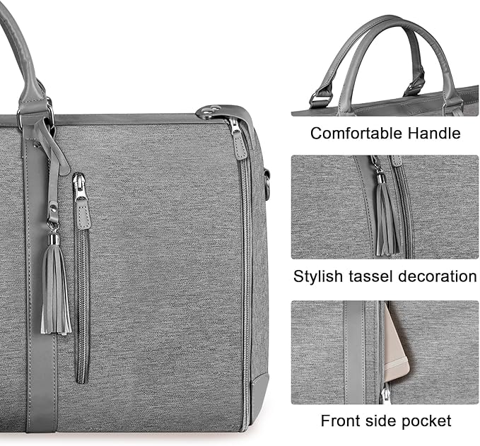 Ytonet Garment Duffle Bags for Travel, Convertible Carry on Garment Bag with Shoe Pouch, Water Resistant Duffle Bag for Women with Shoulder Strap, 2 in 1 Hanging Suitcase Suit Travel Bags, Grey