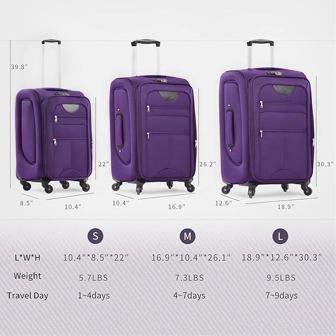 Merax Softside Luggage Set, Travel Suitcase Expandable Lightweight, 3 Piece Luggage Sets with Spinner Wheels 22" 26" 30" Suitcase with TSA Lock (Purple)