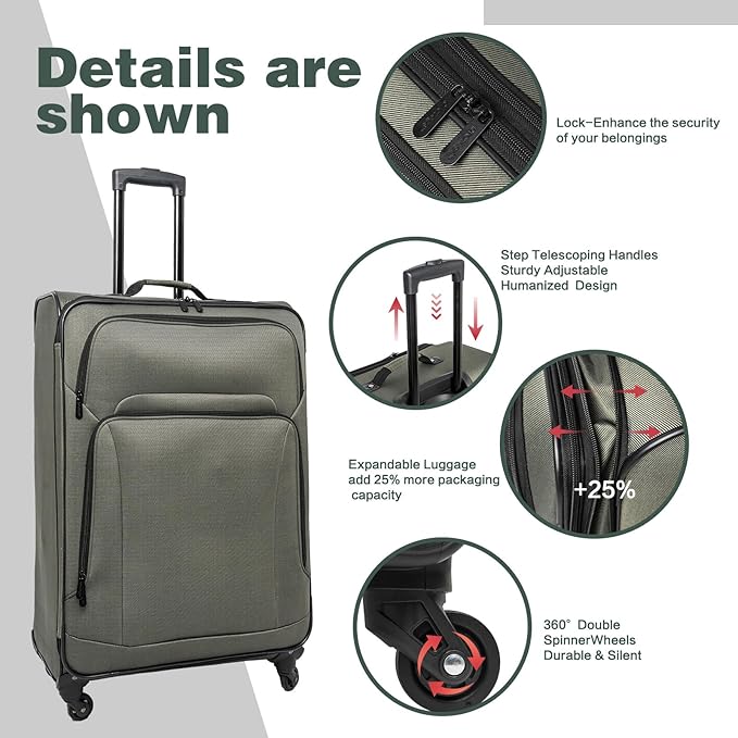 Lispin SoftshellLuggage Expandable 5 Piece Set Suitcase with Duffel Bag Softside Lightweight Luggage Travel Set (Dark Green)