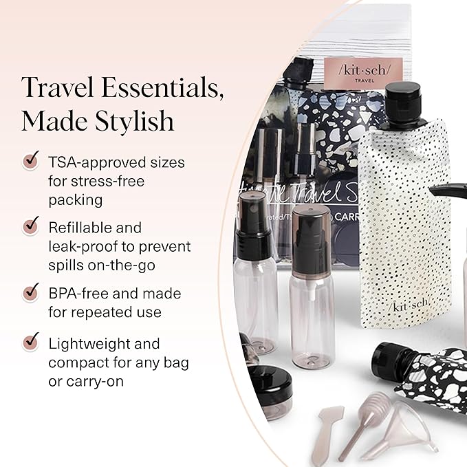 Kitsch 11 PCS Travel Containers for Toiletries – Travel Essentials Kit for Shampoo, & More - TSA Approved Bottles for Travel Size Toiletries, Leak-Proof Refillable Travel Containers - Black & Ivory