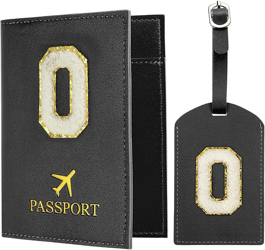 PATIKIL Passport Holder for Travel, Initial Passport Cover and Luggage Tag Set with Alphabet Chenille Letter Patch Travel Wallet Bag Suitcase Identifier for Women Family Travel Black O