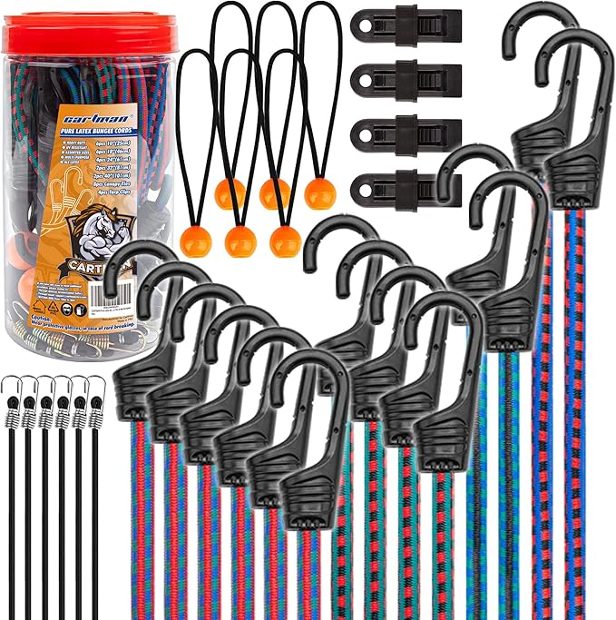 CARTMAN 30pcs Heavy Duty Bungee Cords with Hooks - Assortment in Jar, Including Tarp Clips, Canopy Ties & Ball Bungees for Secure Outdoor and Indoor Use
