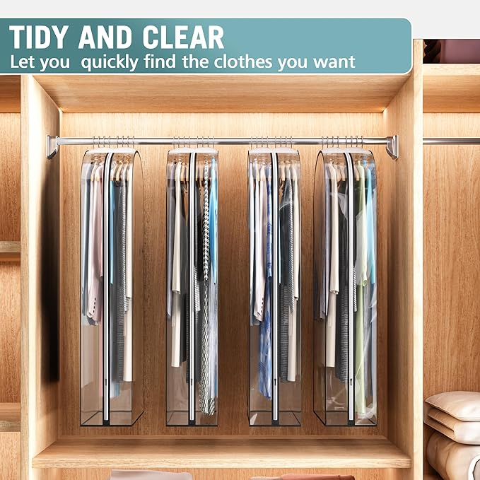 Liuoud Clear Garment Bag for Hanging Clothes 10” Gusseted, 50” Suit Bags for Open Closet Storage Plastic Clothes Cover for Coat, Dress, Shirts, Fur, Jacket, Wardrobe Protectors, 4 Pack