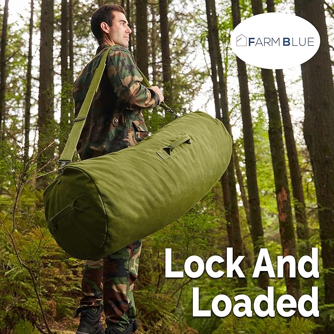 Farm Blue GI Style Zipper Duffle Bag Heavy Duty Army Duffle Bags - Military Grade Cotton Canvas Duffel Bag - Reinforced Camping Bag - Strong Zipper & Center Grab Handle (Olive Drab, X-Large)