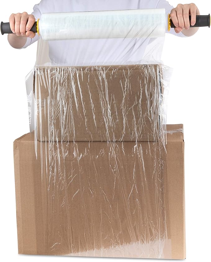 Modern Innovations 15 Inch Clear Stretch Wrap Roll with Handles (1 Roll-1000 Feet) Heavy Duty Shrink Wrap for Moving, Packing Supplies for Wrapping Furniture, Industrial Plastic Pallet Cling