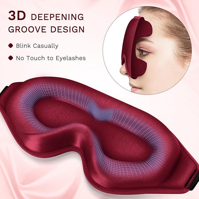 FlyCoco 99% Fully Block Out Light Eye Sleep Mask, 3D Deep Contoured Eyes Cover Zero Pressure, Long Lash Extension Eyes Mask with Adjustable Straps for Sleeping Travel Home Nap Rest Women Men (Red)