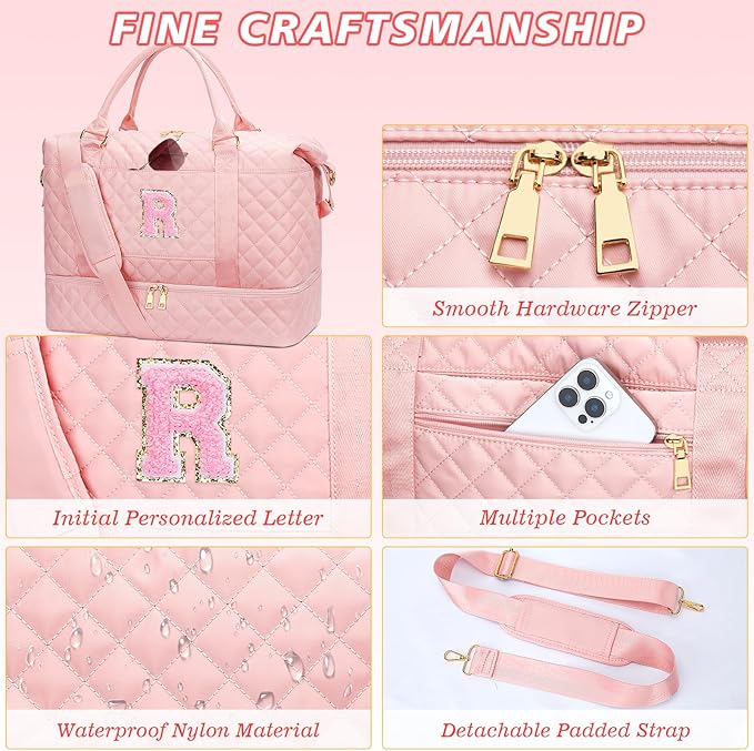 Gifts for Women Teen Girls Birthday Initial Travel Duffle Bag Quilted Weekender Bags Carry-On Overnight with Cosmetic Bag, Gym Bag with Shoe Compartment, Pink-R