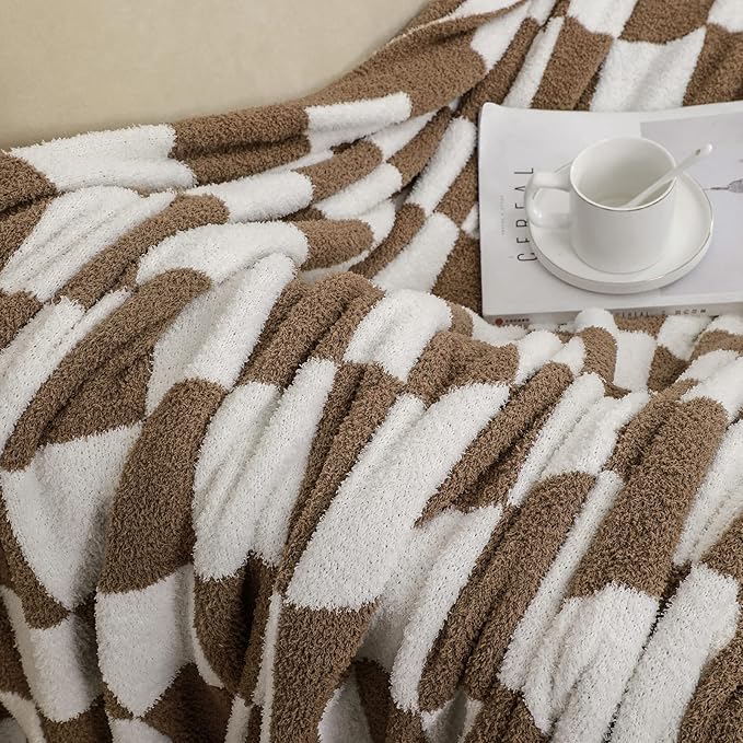 bearberry Fuzzy Checkerboard Grid Throw Blanket Knitted Soft Cozy Warm Microfiber Blanket Decor for Couch Sofa Bed Travel Home (Mocha, 40''x50'')