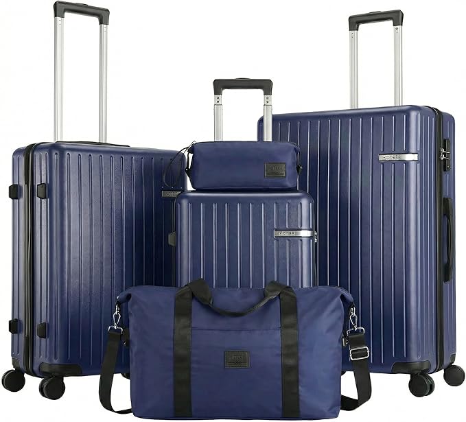 Hoteel Luggage Sets 5 Piece (4-YEARS WARRANTY), ABS+PC Suitcases with Wheels and Side Hook, Hardshell 20/24/28 inch Luggage with Duffel Bag Travel Bag, Dark Blue