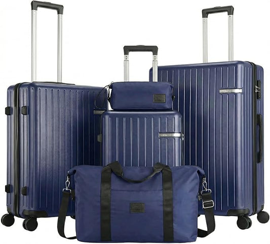 Hoteel Luggage Sets 5 Piece (4-YEARS WARRANTY), ABS+PC Suitcases with Wheels and Side Hook, Hardshell 20/24/28 inch Luggage with Duffel Bag Travel Bag, Dark Blue