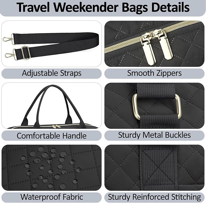 Quilted Travel Duffle Bag for Travel Women with Toiletry Bag, Large Weekender Bags for Women Carry on Duffel Overnight Bag, Waterproof Travel Tote Bags for Sports, Weekender, Business, Black