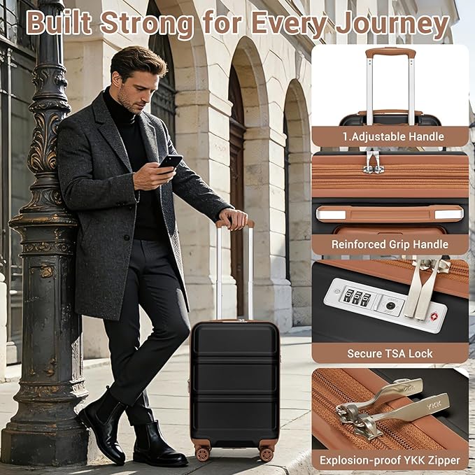 Kono Carry On Luggage 22x14x9 Airline Approved with Spinner Wheels,Lightweight PC+ABS 20 Inch Luggage with TSA Lock,Expandable Hard Shell Carry On Suitcases for Men Women,Black/Brown