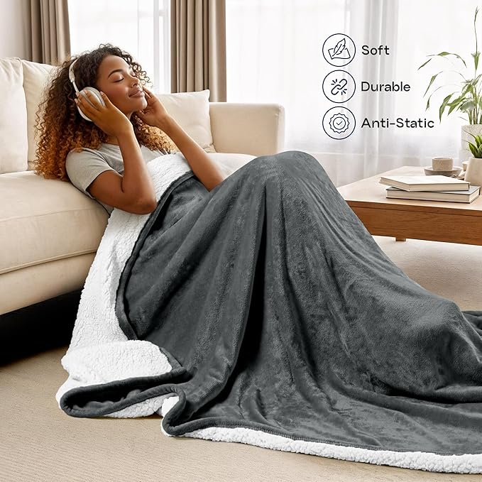 Utopia Bedding Sherpa Blanket Throw Size (Grey, 50x60 Inches) - Soft Lightweight Plush Fleece Reversible Blanket for Bed, Sofa, Couch, Camping and Travel