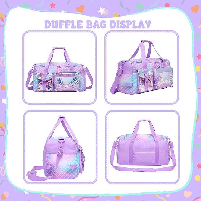 Mermaid Purple Kids Gym Bag for Girls - Duffle Bag for Travel, Dance, Weekender, Overnight - 20"x11"x8.2" with Shoe Compartment