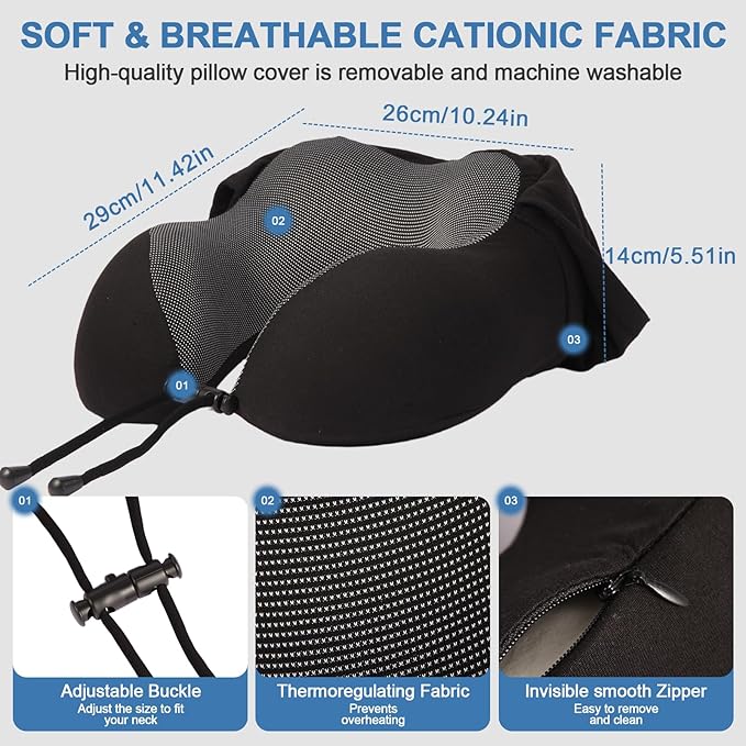 Travel Neck Pillow with 100% Light-Blocking Hood – Ergonomic Memory Foam Support Pillow for Airplane, Long Flights, Road Trips, Office and Car, Full Head and Neck Support with Skin-Friendly Cover