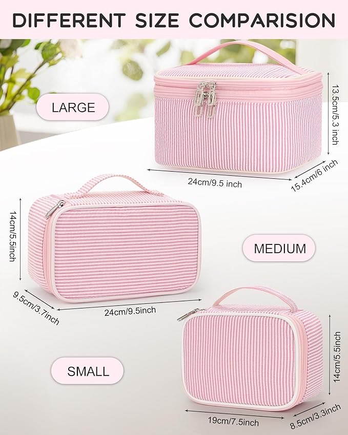 Relavel Large Makeup Bag, Portable Pink Cosmetic Bag for Girls, Dual-layer Makeup Pouch with Brush Holder, Multi-Functional Preppy Toiletry Organizer for Travel, Daily Use - Pink Strip