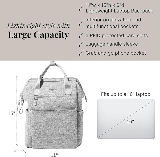 Baggallini Soho Backpack - Travel Laptop Backpack for Women - Lightweight Water-Resistant Luggage Bag, Heather Grey Neoprene