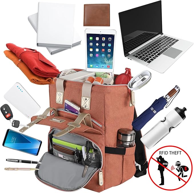 FALANKO Laptop Backpack for Women,15.6 inch Teacher Nurse School Waterproof Backpack,Large Womens Computer Backpack with Laptop Compartment,RFID Anti Theft Shoulder Orange Bags