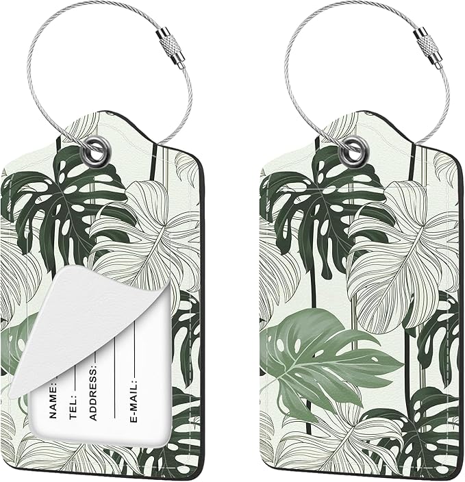 2 Pcs Luggage Tag for Suitcases, Tropical Leaves Cute PU Leather Suitcase Tag Privacy Cover ID Label with Metal Loop, Personalized Baggage Identifier for Women Cruise Bag Travel Essentials