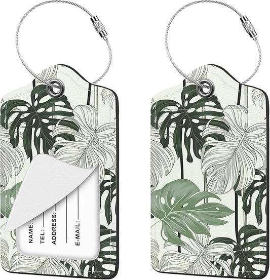 2 Pcs Luggage Tag for Suitcases, Tropical Leaves Cute PU Leather Suitcase Tag Privacy Cover ID Label with Metal Loop, Personalized Baggage Identifier for Women Cruise Bag Travel Essentials
