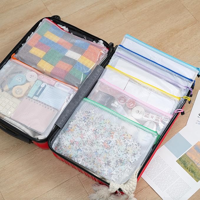 EOOUT 24pcs A4 Zipper Pouch Bags, Mesh Pouch Bags with Labels for Board Games & Puzzles Supplies, Waterproof Document Zipper Cases for School Toys Office Cosmetics Travel Storage,8 Colors