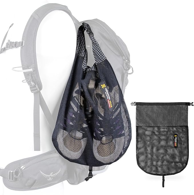 HIKEMAN Mesh Shoe Storage Bag for Hiking, Backpack External Storage Pouch, Attach to Backpack for Hiking, Camping, Backpacking & Outdoor Activities (Black, M)