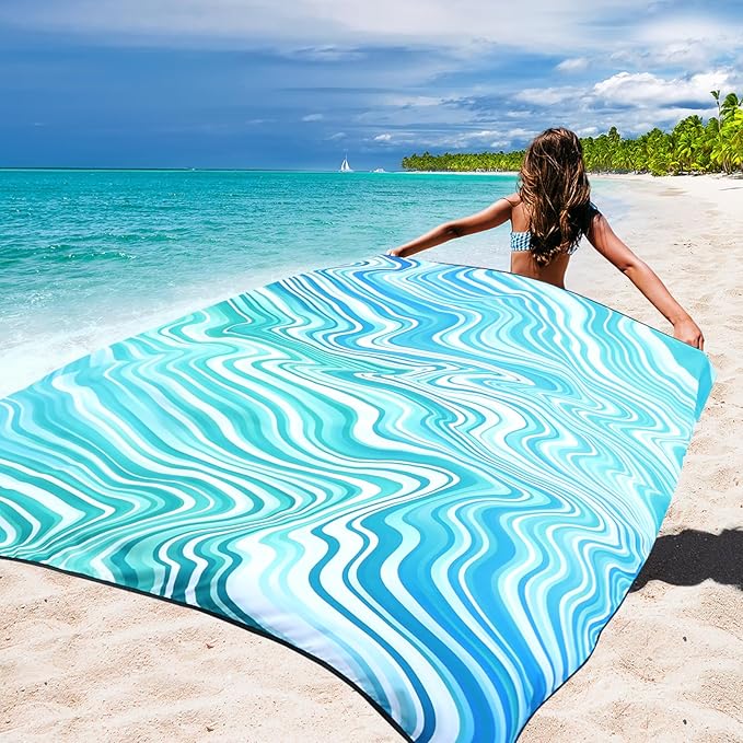 Beach Blanket Waterproof Sandproof Beach Mat for 1-8 Adults Quick Drying Durable Outdoor Picnic Mat for Beach Festival Travel Camping Hiking (Wave-Gradiant BL&GN, 79"×83"(4 Person))
