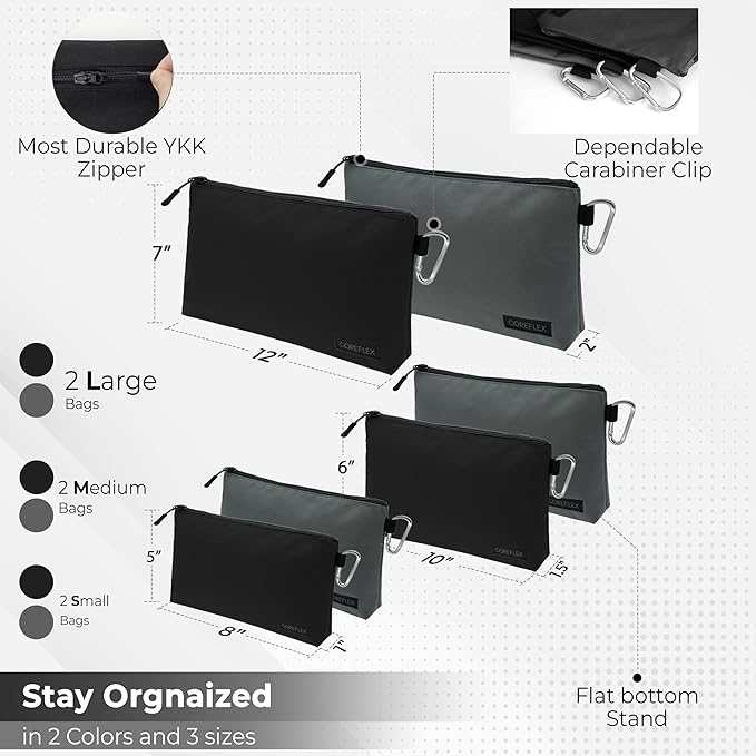 COREFLEX Premium Tool Pouch Zipper Bag, Small Tool Bag, Multipurpose Storage pouch, Heavy duty Flat Bottom Tool bag with YKK Zipper (6 pack Combo mixed size Black &Grey)