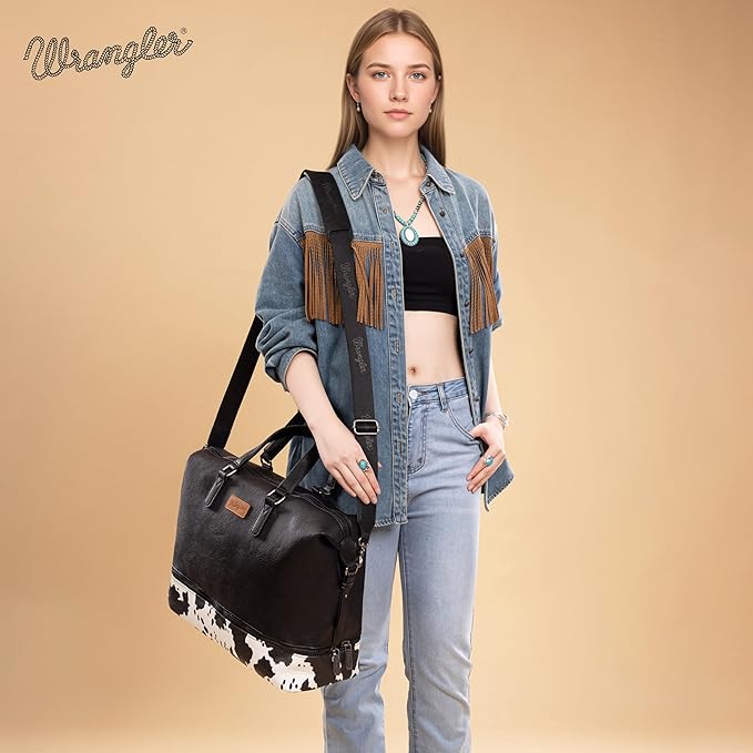 Wrangler Travel Duffel Bag Carry On Overnight Bag with Shoe Compartment Cow Print Weekender Bag for Women WG253-5110COW-BK