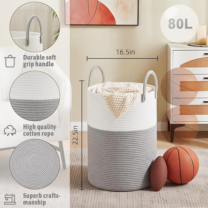Laundry Basket,Woven Cotton Rope Laundry Hamper,80L for Decorative Storage of Dirty Clothes,Toys and Blankets in Bathroom,Baby Room and Living Room