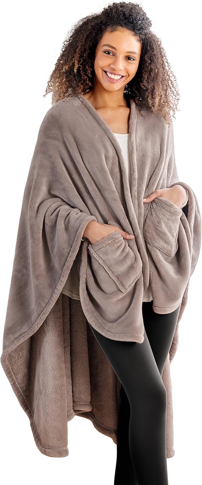 Berkshire Blanket Primalush™ Wearable Blanket, Cozy Loungewear Pocketed Plush Cape Wrap for Adults & Teens(Brown, One Size 58"X64")