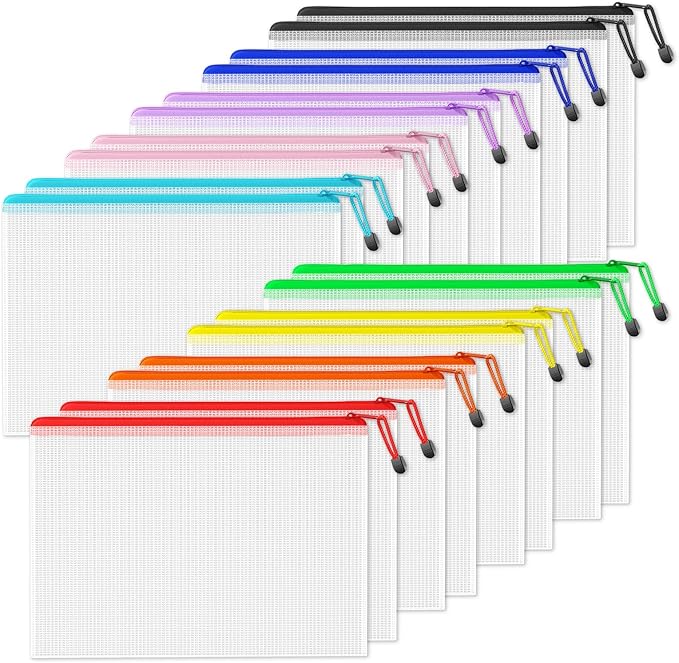 SUNEE Plastic Mesh Zipper Pouch 11x16 in (9 Colors, 18 Packs),Extra Large Water-Resistant Zip Bag for School Office Supplies, Puzzles & Games Organizing Storage