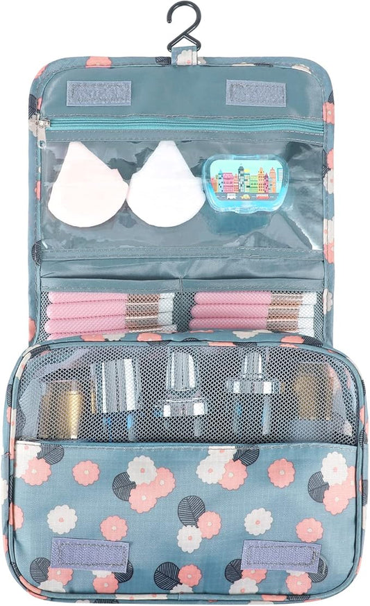 Pengxiaomei Hanging Toiletry Bag, White & Pink Little Flowers Waterproof Cosmetic Bag Portable Travel Makeup Pouch Wash Bag with Handle for Kids Girls Mothers Day Gifts
