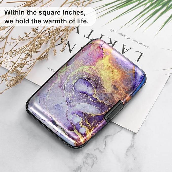 ELFISH Mini RFID Aluminum Wallet Credit Cards Holder Business Card Case Metal ID Case for Men Women（Light Purple Marble