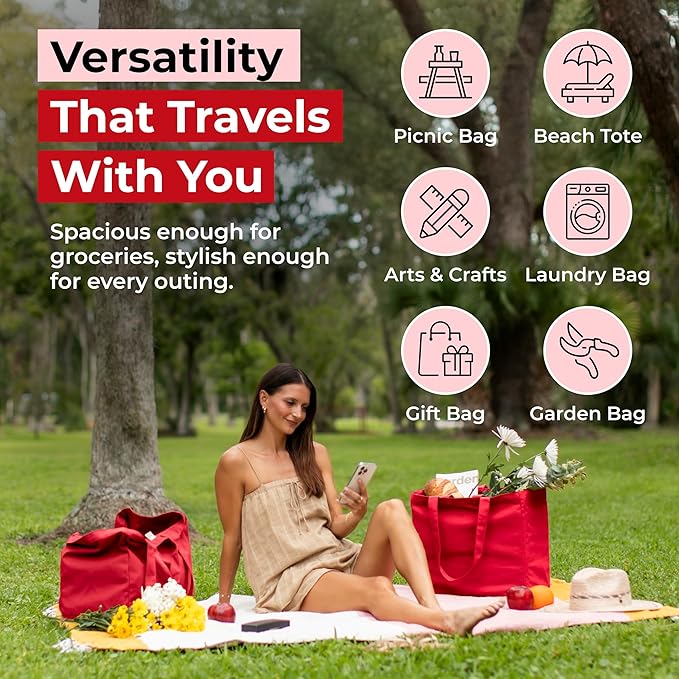 VeraMia Canvas Grocery Bag 3pc XL Set with Real Pockets, Long Shoulder Strap and Short Handle. Heavy Duty, Foldable, Washable