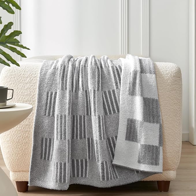 Snuggle Sac Checkered Throw Blanket for Couch,Reversible Soft Cozy Fluffy Blankets for Sofa Bedroom,Cute Lightweight Striped Throws for Women,Heather Light Grey,50x60 inches