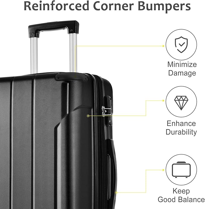 24 Inch Checked-Large Luggage, Lightweight ABS Hard Shell Suitcase with Spinner Wheels, Expandable Travel Luggage with Combination Lock & Side Hooks for Men Women, Black