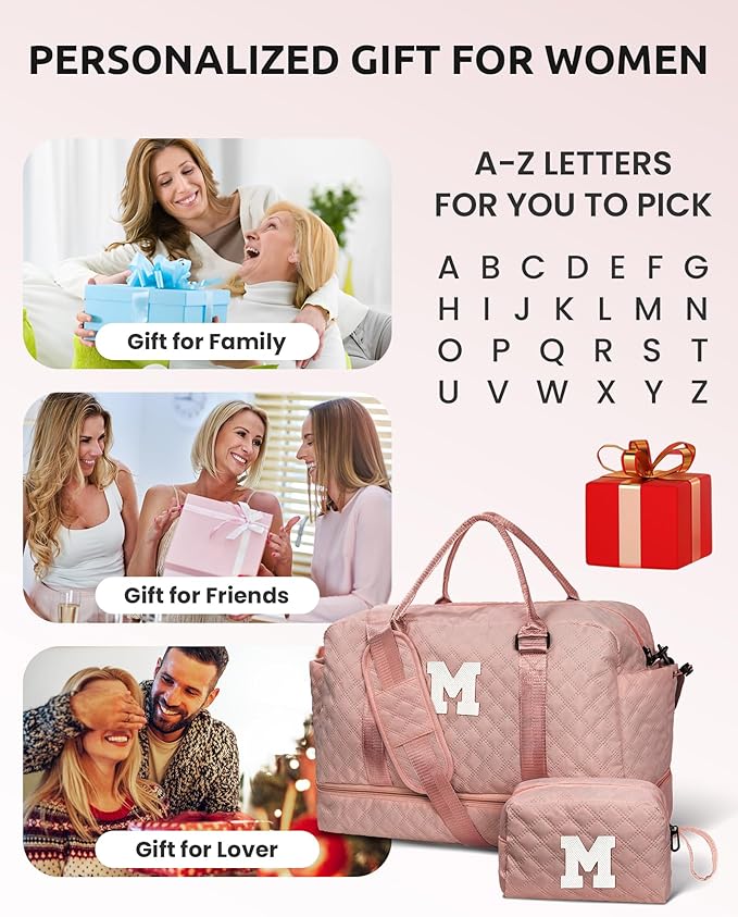 Graduation Gift for Her Women Gift-Birthday Gifts, Initial Duffle Bags with Shoe Compartment, Girls Weekender Bag,Overnight Bag for Women, Travel Bag with Makeup Bags Gift for Mom (Letter A)