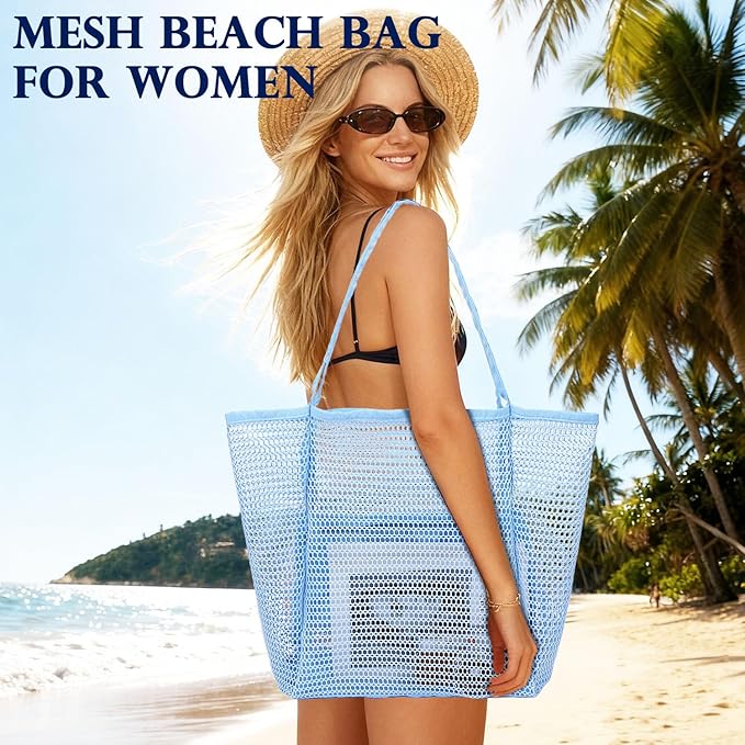 Fammart Mesh Beach Bag, Large Beach Tote with Zipper Pocket, Toys Pool Bag for Family Travel Vacation Cruise Essentials