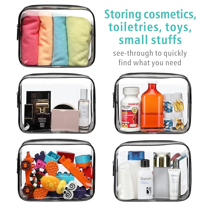 F-color TSA Approved Toiletry Bag 3 Pack Medium - Clear Makeup Bag Travel Quart Size for Women Men, Clear Cosmetic Bag Airport Airline Compliant Carry on Bag, Black Matte