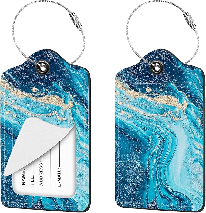 2 Pcs Luggage Tag for Suitcases, Marble PU Leather Suitcase Tag Privacy Cover Name ID Label with Metal Loop, Personalized Baggage Identifier for Women Cruise Bag Travel Essentials