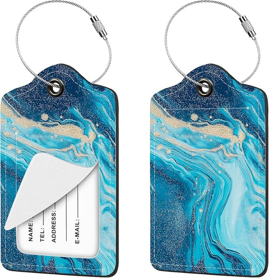 2 Pcs Luggage Tag for Suitcases, Marble PU Leather Suitcase Tag Privacy Cover Name ID Label with Metal Loop, Personalized Baggage Identifier for Women Cruise Bag Travel Essentials