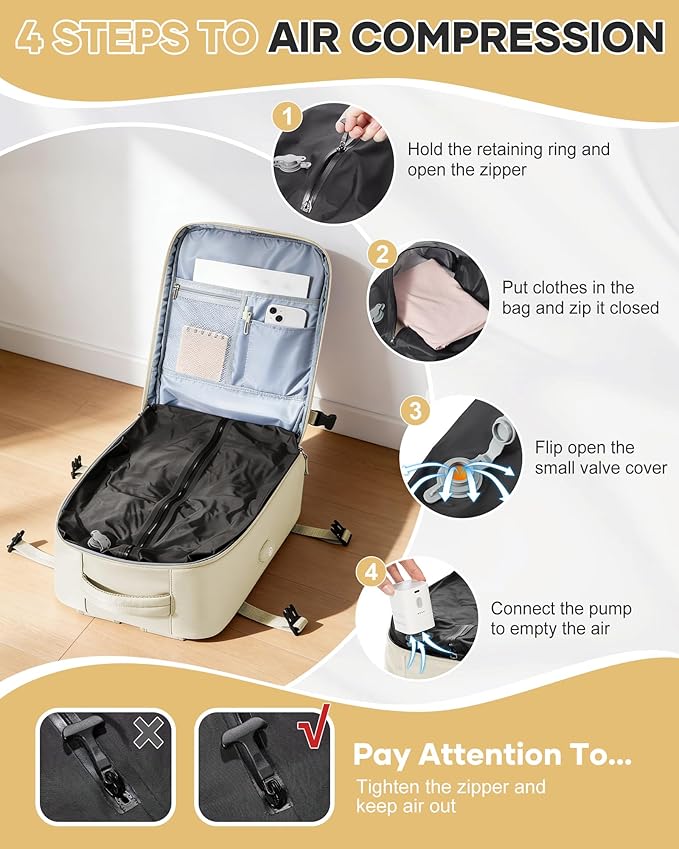 VECAVE Vacuum Travel Backpack with Pump for Women,Airback Personal Item Carry on Backpacks Flight Approved 18x14x8 inches for Men,Laptop Waterproof Work Compression bags Casual Daypack. (Beige)