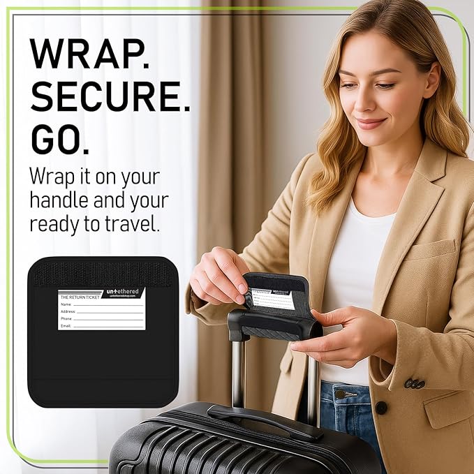 Untethered Luggage Handle Wraps (4-Pack) | Padded Suitcase Handle Covers with Diamond-Grip Design – Comfortable Neoprene Travel Handle Wraps for Luggage, Bags & Suitcases. (4-Pack | Black)