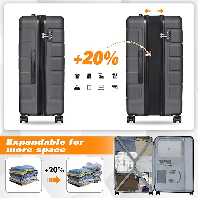 Explorer Luggage Set, Lightweight Hardside Suitcase, Expandable Carry-On Luggage with Travel Backpack & Cosmetic Makeup Bag, 5-Piece Set (20in/24in/28in), Grey