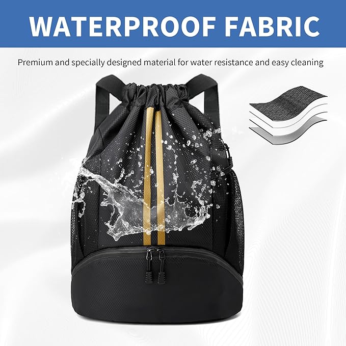 Drawstring Backpack Gym Bag with Shoes Compartment for Soccer, Basketball, Swim, Water-Resistant String Backpack Beach Cinch for Women Men, Black Gold