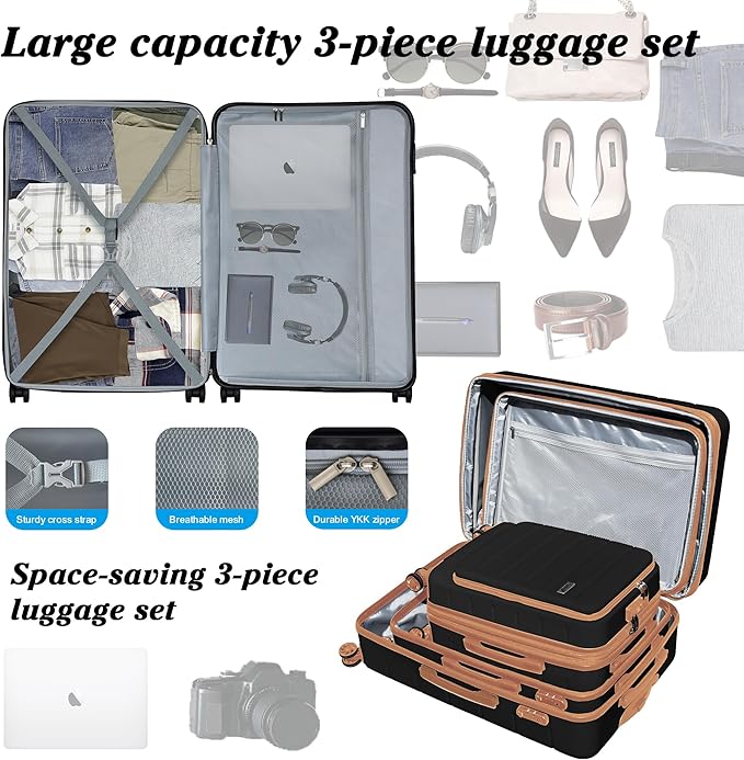 SmileLine 3-Piece Luggage Set Lightweight Hardside Suitcase TSA Lock Spinner Wheels, 20" Expandable Carry-On Luggage with Quick Access Front Open Pocket, Bonus Makeup Bag,Apricot Black