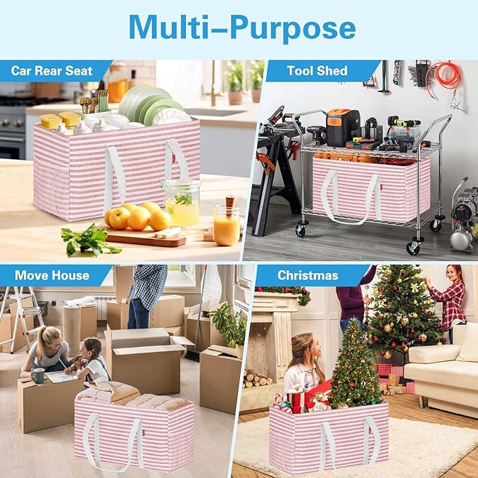 LHZK Standing Extra Large Utility Tote Bag with Metal Wire Frame and the Sides Rinforced, Extra Large Tote Bag with Handle, Reusable Grocery Bags Foldable, Beach Bag, Car Tote (Pink)